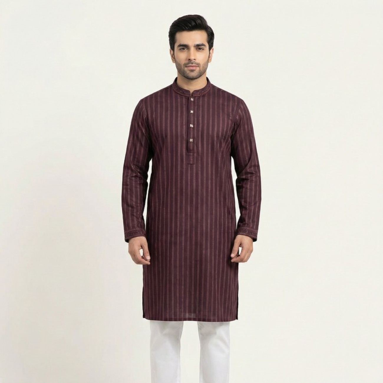 Men’s Maroon Cotton Panjabi with Embroidery